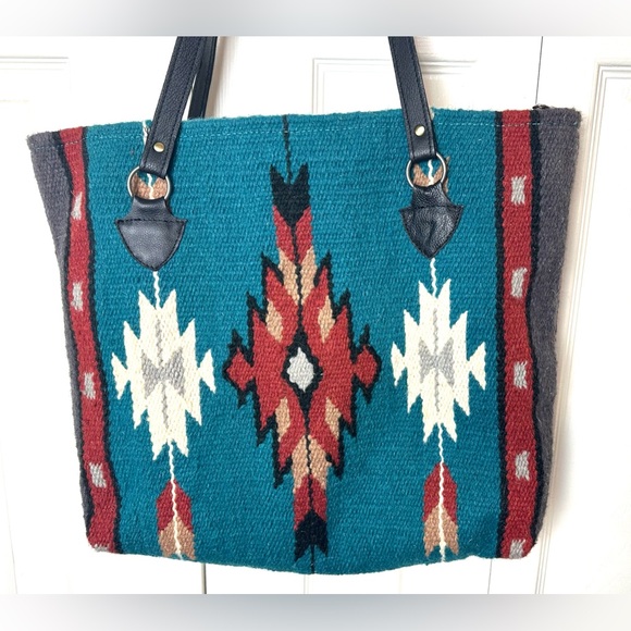 SOUTHWESTERN Saddle Blanket Bag Tote Purse Wool Aztec Tribal Turquoise Red Wool - Picture 5 of 12